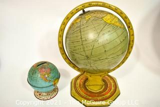 Two (2) Vintage Metal World Globes. One with Zodiac Chart on Base and One Coin Bank. 