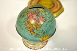 Two (2) Vintage Metal World Globes. One with Zodiac Chart on Base and One Coin Bank. 