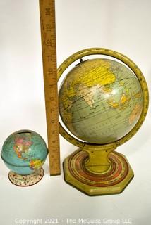 Two (2) Vintage Metal World Globes. One with Zodiac Chart on Base and One Coin Bank. 