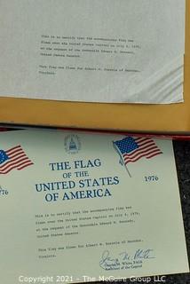 American Flag Flown Over The Capital on July 4th, 1976 at the Request of Edward M. Kennedy, US Senator for Albert Burrola, in Box with Paperwork .  Measures 3' x 5'.