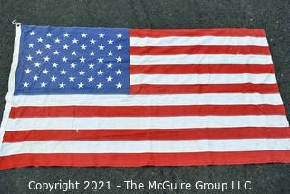 Vintage Stitched with Embroidered Stars Cotton 50 Star American Flag Made by Defiance. Measures 30" X 57”.