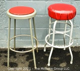 Two (2) Vintage Mid Century Diner Stools with Red Vinyl Seats. 