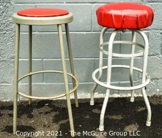 Two (2) Vintage Mid Century Diner Stools with Red Vinyl Seats. 