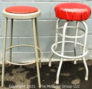 Two (2) Vintage Mid Century Diner Stools with Red Vinyl Seats. 