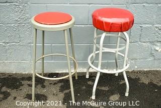 Two (2) Vintage Mid Century Diner Stools with Red Vinyl Seats. 