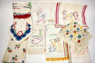 Group of Vintage Mid Century Printed & Embroidered Linens.