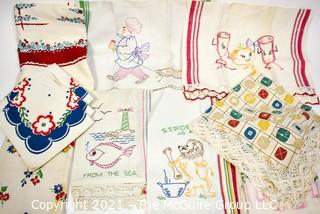 Group of Vintage Mid Century Printed & Embroidered Linens.