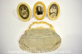 Three (3) Vintage Celluloid Oval Frames and Whiting And Davis Alumesh Purse with Bakelite Clasp and Chain. 