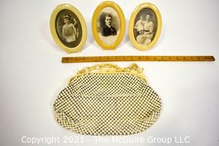 Three (3) Vintage Celluloid Oval Frames and Whiting And Davis Alumesh Purse with Bakelite Clasp and Chain. 