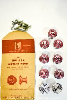 NOS Vintage Bright Chromium Plated Knobs with Red Detail, made by National Lock Company