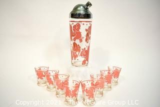 Vintage Mid-Century Pink Elephant Cocktail Set - Includes Chrome and Glass Cocktail Shaker with Eight (8) Matching Tumblers. 