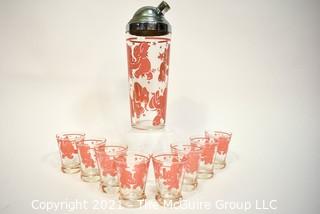 Vintage Mid-Century Pink Elephant Cocktail Set - Includes Chrome and Glass Cocktail Shaker with Eight (8) Matching Tumblers. 