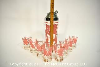 Vintage Mid-Century Pink Elephant Cocktail Set - Includes Chrome and Glass Cocktail Shaker with Eight (8) Matching Tumblers. 