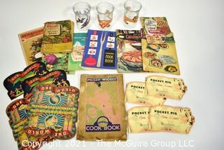 Eclectic Group of Vintage Cooking Books, Glassware & Needle Folders.