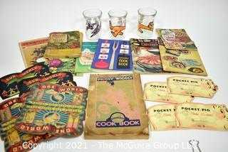 Eclectic Group of Vintage Cooking Books, Glassware & Needle Folders.