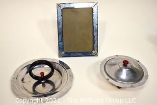 Blue Glass Mirror Frame and Two Chrome and Bakelite Serving Items.