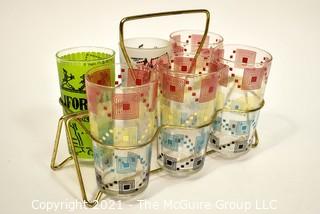 Vintage Mid Century Glass Ware or Tumblers in Wire Carrier. 