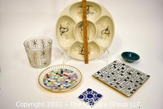 Group of Mid Century Serving Items Including Redwing Dip Tray, Mosaic Trivet, etc