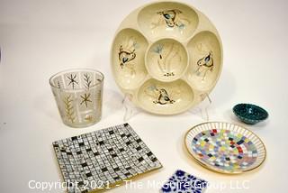 Group of Mid Century Serving Items Including Redwing Dip Tray, Mosaic Trivet, etc