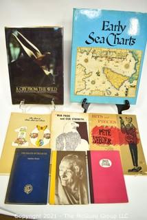 Books: Eclectic Collection including "Peter, Paul and Mary", "Pete Seeger", "Early Sea Charts", "The Death of the Moth" by Virginia Wolf