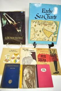 Books: Eclectic Collection including "Peter, Paul and Mary", "Pete Seeger", "Early Sea Charts", "The Death of the Moth" by Virginia Wolf