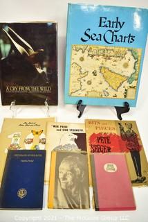 Books: Eclectic Collection including "Peter, Paul and Mary", "Pete Seeger", "Early Sea Charts", "The Death of the Moth" by Virginia Wolf