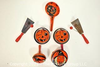 Group of Eight (8) Vintage Metal Halloween Noisemakers. 
