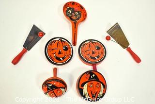 Group of Eight (8) Vintage Metal Halloween Noisemakers. 
