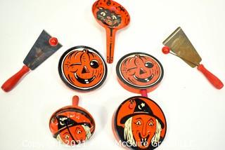 Group of Eight (8) Vintage Metal Halloween Noisemakers. 
