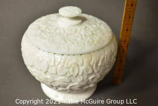 Vintage Ornate Milk Glass Pedestal Candy Jar with Lid