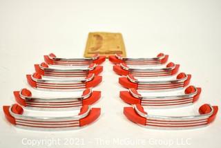 Lot of 10 Vintage Mid Century Art Deco Chrome and Red Bakelite Drawer Pulls.