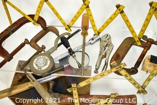 Assortment of Hand Tools, including folding rules, "C" Clamps, Vise Grips, hammers and mallets.