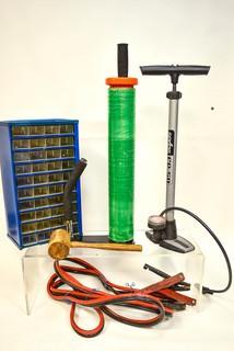 Assortment including manual air pump, metal screw chest, 14' heavy duty jumper cables and a stretch wrap dispenser