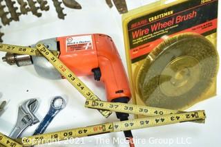 Assortment of tools including electric drill and Set of Wooden Auger Bits