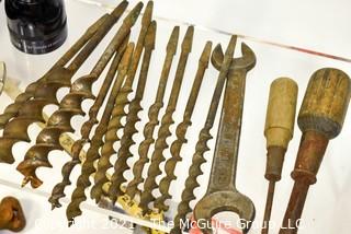 Assortment of tools including electric drill and Set of Wooden Auger Bits