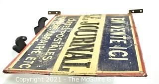 Antique French Metal Double Sided Merchant Sign for "En Vente Ici Le Journal Carte Postales Papeterie Librairie" or "On Sale Here Newspaper Postcard Stationery Bookstore".  Measures 13" x 19"