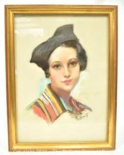 Framed Under Glass Original Art Portrait of Woman Signed by Artist F.H. Bryant.  Measures 18" x 24".