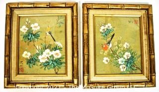 Two (2) Gilt Bamboo Framed Under Glass Asian Painting of Birds on Branch with Chopmark.  Each Measure 11" x 12.