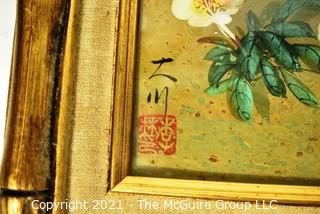 Two (2) Gilt Bamboo Framed Under Glass Asian Painting of Birds on Branch with Chopmark.  Each Measure 11" x 12.