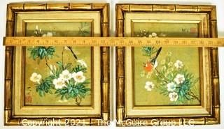 Two (2) Gilt Bamboo Framed Under Glass Asian Painting of Birds on Branch with Chopmark.  Each Measure 11" x 12.