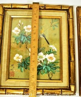 Two (2) Gilt Bamboo Framed Under Glass Asian Painting of Birds on Branch with Chopmark.  Each Measure 11" x 12.