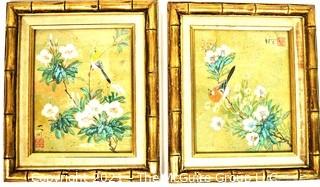 Two (2) Gilt Bamboo Framed Under Glass Asian Painting of Birds on Branch with Chopmark.  Each Measure 11" x 12.