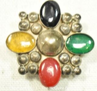 Vintage Mexico Taxco Sterling Silver with Cabochon Gem Stones Brooch or Pin. Weighs 16g