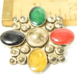 Vintage Mexico Taxco Sterling Silver with Cabochon Gem Stones Brooch or Pin. Weighs 16g