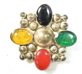 Vintage Mexico Taxco Sterling Silver with Cabochon Gem Stones Brooch or Pin. Weighs 16g