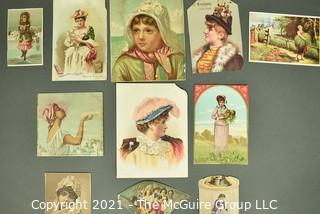 Collection of Vintage Color Lithograph Trade Cards Featuring Women and Children.  Includes food, textiles and spectackles