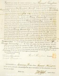 1812 Document describing the sale of a pew at the Charlestown, MA Universalist Meeting House for $190. 