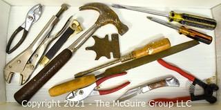 Collection of hand tools: Hammer, Vise Grips, Tile Cutters, Pliers, Screw Drives and Pocket Knife