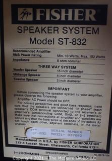 Vintage Pair of Fisher ST-832 Stereo Speakers.  Each Measure 13" x 18" x 32".