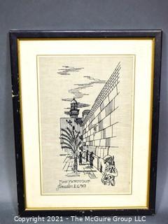 Vintage Framed Embroidered Art of The Wailing Wall, Produced By Lace And Embroidery Works In Jerusalem In 1967.  Measures 20 1/2" H X 26" W